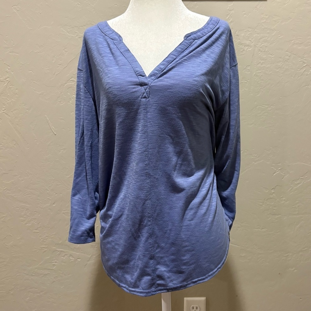 ❤️ L.L.Bean Slub Knit Split Neck Top – Women’s Petite Large Blue Long Sleeve